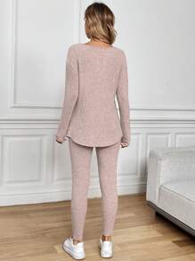 SHEIN Tall CURVE 2pcs/Set Plus Size Women Thermal Lined Ribbed Long Sleeve T-Shirt And Leggings, Autumn/Winter Knit Two Piece Set Two Piece Lounge Set Ribbed Two Piece Set Comfy Set Comfortable Two Piece Set - Pink - View 2