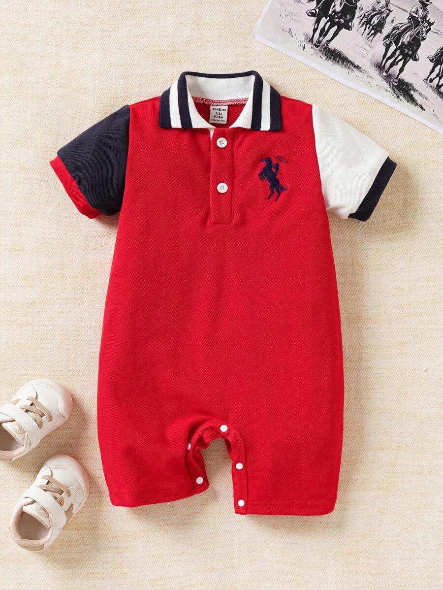 Souflis Souflis بدلة رومبير قصيرة الأكمام مخصصة للأطفال الصغار الذكور، مثالية للإستخدام اليومي، تحتوي على تطريز على الياقة، مناسبة للرحلات الربيعية/ الصيفية - الأحمر - مشاهدة 1