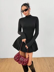 SHEIN PETITE Váy xòe tay dài ôm cổ cao cho nữ Váy xòe đèn lồng phù hợp cho mùa thu đông - màu đen - Xem 6