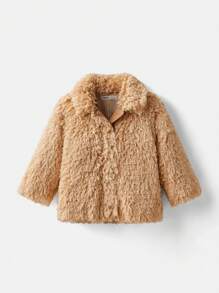 Maija Kids Maija Kids 年轻女孩宽松休闲毛绒领 PU 皮革拼布夹克 - 卡其色 - 查看 1