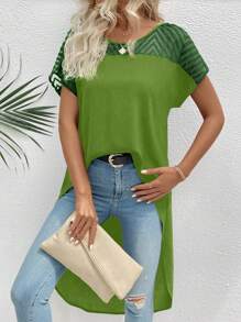 SHEIN LUNE 网眼撞色圆领高低休闲短袖衬衫 - 綠色 - 查看 1