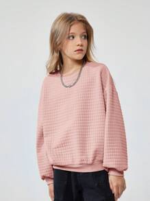 SHEIN Tween Girls Loose Fit Textured Crew Neck Long Sleeve Sweatshirt,In Fall/Winter - Dusty Pink - View 6