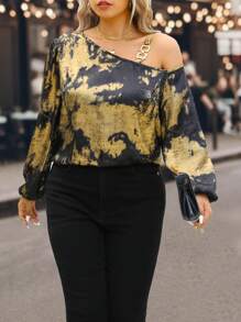 SHEIN Clasi Blouse ample pour femme grande taille avec imprimé tie-dye, chaîne, col asymétrique et manches lanternes. Conçue pour le printemps et l'automne