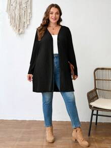 SHEIN LUNE Plus Size Plain Color Ribbed Knit Coat For Spring And Autumn Winter Clothes New Year Winter Clothes For Women Fall - Black - View 4