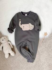 SHEIN Leap Crew Bộ đồ liền thân dài tay dệt kim mềm mại cổ tròn in hình voi dễ thương cho bé trai/bé gái màu xám dày, thích hợp mặc ở nhà, đi chơi, đa năng và thời trang cho mùa thu/đông - Xám - Xem 3