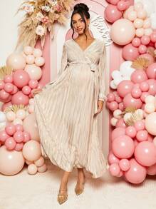 Loomaby 孕妇优雅纯色灯笼袖连衣裙，适合派对 - 卡其色 - 查看 5