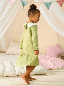 SHEIN Young Girls Refreshing Green Print Crinkle Gauze Long Sleeve Maxi Wave Hem Nightgown, Spring/Autumn Home Wear - Green - View 4