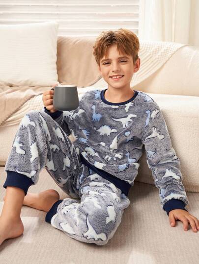 SHEIN 2pcs Tween Boy Cartoon Dinosaur Pattern Ribbed Crew Neck Long Sleeve Top & Flannel Pajama Pants Sleepwear Set, Soft & Comfortable For Autumn/Winter