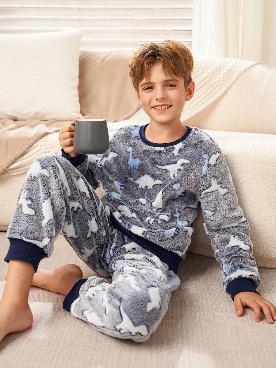 SHEIN 2pcs Tween Boy Cartoon Dinosaur Pattern Ribbed Crew Neck Long Sleeve Top & Flannel Pajama Pants Sleepwear Set, Soft & Comfortable For Autumn/Winter - Multicolor - View 1