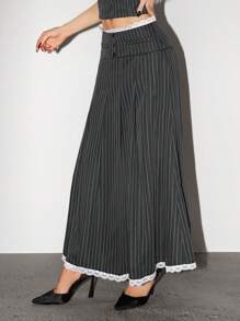 SHEIN ICON Falda midi plisada a rayas de cintura baja con decoración de encaje para mujer