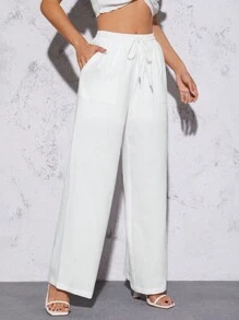 SHEIN PETITE Drawstring Waist Wide Leg Trousers - White - View 1