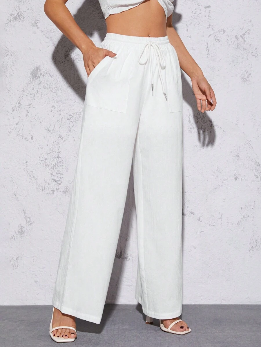 SHEIN PETITE Drawstring Waist Wide Leg Trousers - White - View 1