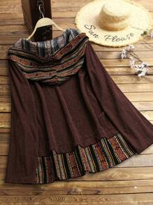 SHEIN 大码女式随机条纹印花拼布连帽长袖衬衫 - 咖啡棕 - 查看 2