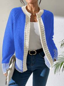 Chiquease Fashionable French Classic Black And White Striped Knitted Cardigan - Royal Blue - View 4