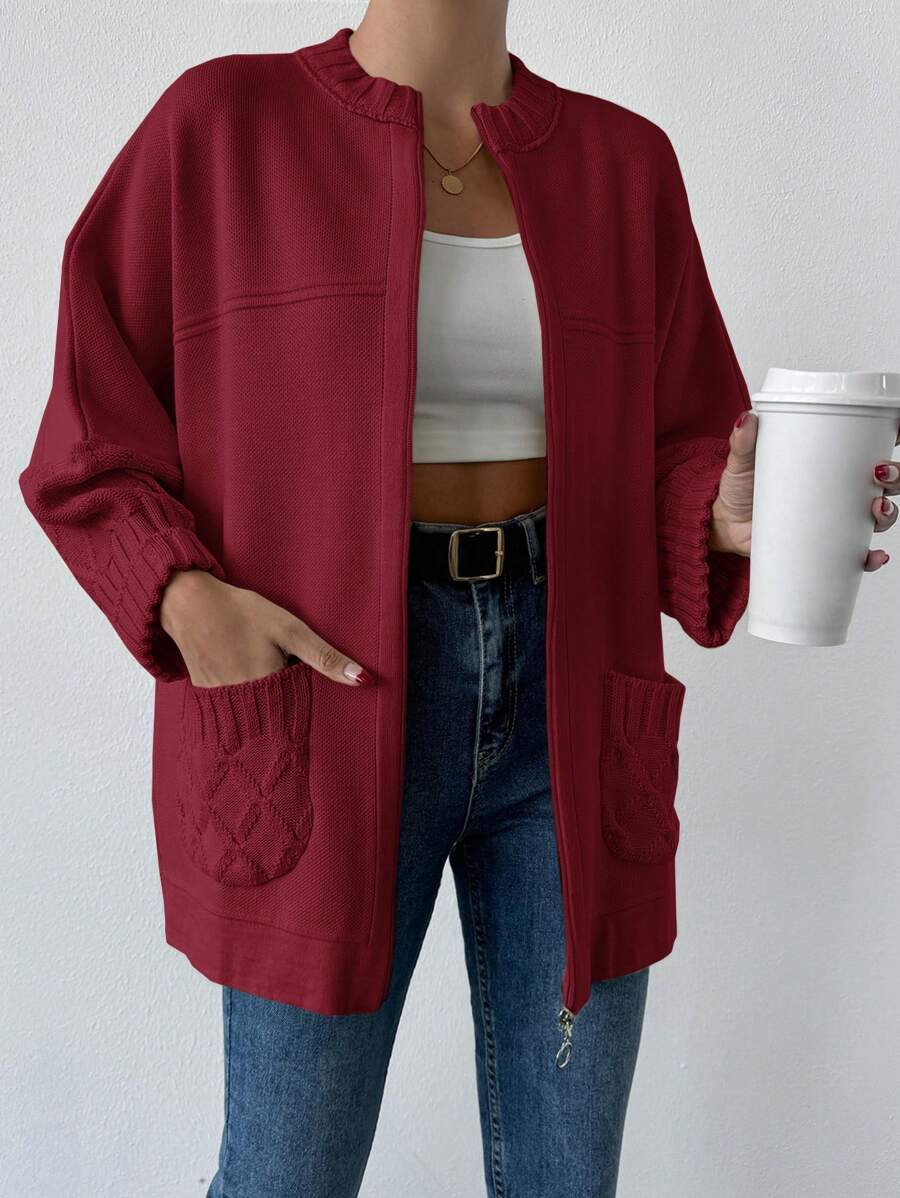 EURMUSE Casual Solid Color Batwing Sleeve Cardigan With Double Pockets, Autumn/Winter - Burgundy - View 1