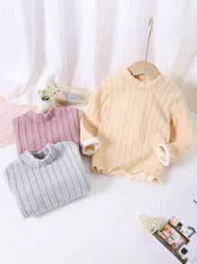 SHEIN 3 Piece Girls Thermal Inner Wear, Soft Rib-Knit Long Sleeve Tops In Light Purple, Apricot, And Gray - Multicolor - View 3