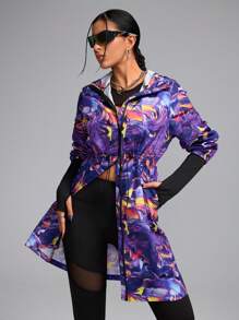 Innovista Women Casual Outdoor Wave Print Zipper Front Drawstring Waist Hooded Sports Jacket