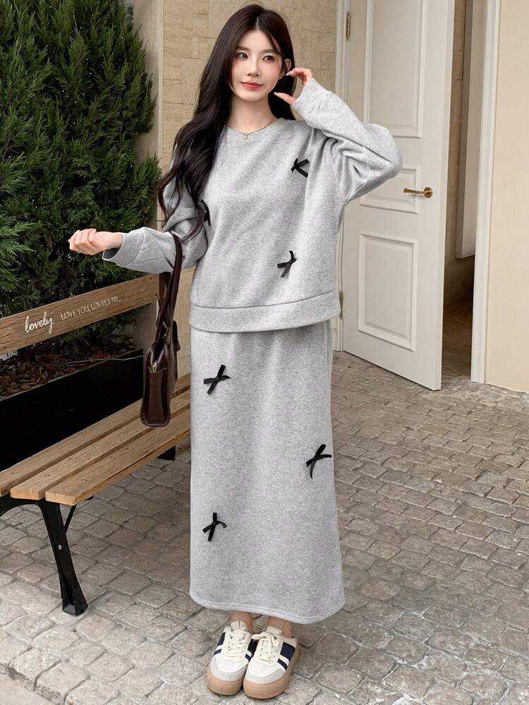 2pcs Women Bow Decor Sweatshirt Set, Autumn/Winter Lounge Sets For Women