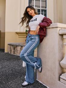 SHEIN Tall Women's Side Stripe Straight Loose Casual Jeans Y2K Webbing Bow - Medium Wash - View 8