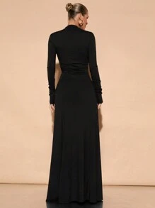 SHEIN BAE 优雅纯色高领不对称肩部褶皱下摆长裙，适合鸡尾酒会、浪漫约会、冬季汗衫裙、派对、婚礼伴娘、夜间外出、万圣节、圣诞节 - 黑色 - 查看 2