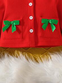 Conjunto de 3 piezas para niña: Chaqueta holgada casual, dulce y linda con cuello Peter Pan, diseño de lazo y contraste de color esponjoso, boina y minifalda, adecuado para uso diario, viajes, reuniones festivas, otoño/invierno, para Navidad