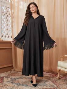 Al Najma Plus Size Arabic Style Lapel Collar Long Dress, Modest Elegant Abaya Arabian Dresses, For Casual Daily - Black - View 6