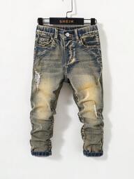SHEIN Young Boy Retro Distressed Vintage Washed Ripped Frayed High Stretch Blue Denim Jeans For Daily Outfits