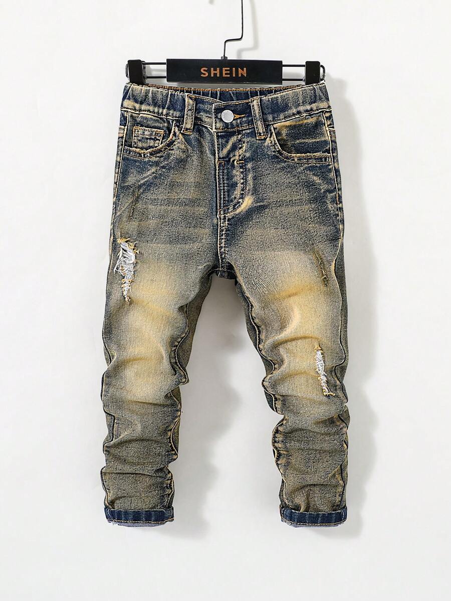 SHEIN 男童复古做旧水洗破洞高弹牛仔裤,适合日常穿着 - 中等水洗藍 - 查看 1