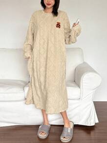 DAZY Textured Pattern Flannel Thick Cute Bear Embroidered Loose Pullover House Dress, Winter - Khaki - View 7