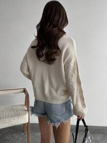 SHEIN Privé 女士优雅休闲花卉提花纽扣宽松开衫，适合居家、通勤、秋冬季 - 杏色 - 查看 3