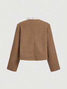 SHEIN MOD Women Brown Faux Lamb Wool Faux Pearl Lace Trim Vintage Short Jacket, Winter Outerwear,Winter Women Coat,Fluffy Coat, Teddy Coat