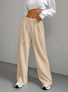 Muchica Women Casual Khaki Woven Drawstring Waist Wide Leg Pants - Khaki - View 5