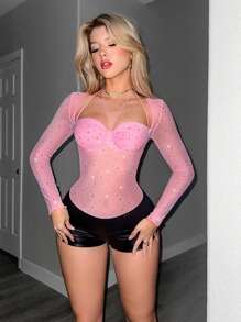 Sweetina Y2k 粉色性感修身闪光面料闪亮网眼透明系带紧身衣派对装 - 粉色 - 查看 3