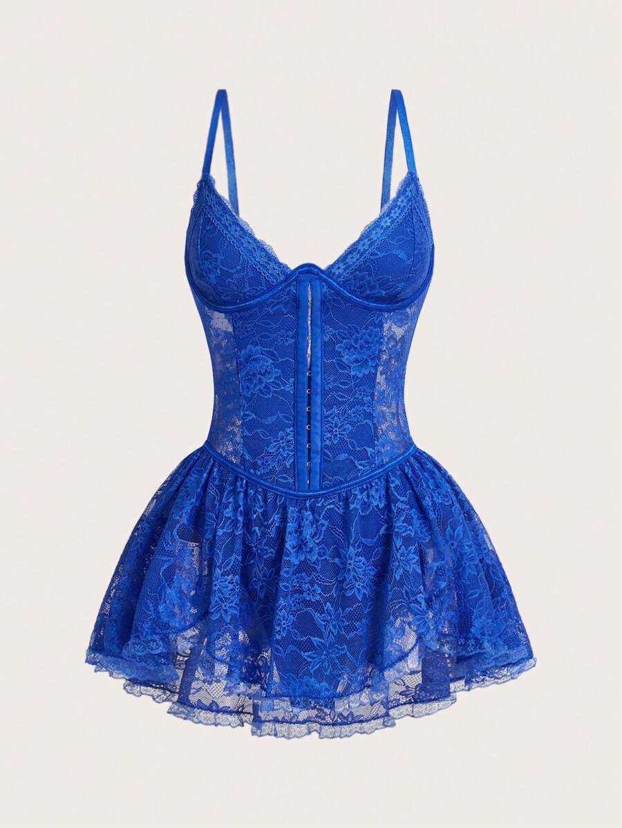 SHEIN ICON 三角杯蕾丝拼布 W 形带钢圈金属纽扣吊带连衣裙