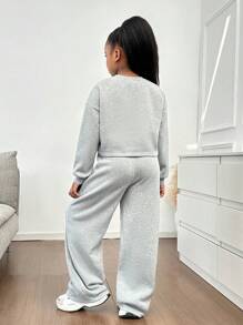 SHEIN Tween Girl 宽松手绘心形印花套头衫和褶皱运动裤 2 件套，休闲家居、户外、学校，灰色 - 灰色 - 查看 4