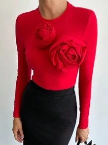 Firerie 2pcs/Set Women Solid Round Neck Long Sleeve Top With Floral Decor And Pencil Skirt