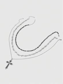 ROMWE Hippie 2pcs Gothic Dark Faux Pearl Cross Pendant Multilayer Necklace, Festival Gift For Women