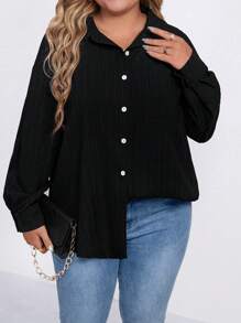 SHEIN LUNE 大码女式宽松长袖纯色休闲衬衫秋冬季女士衬衫 - 黑色 - 查看 1