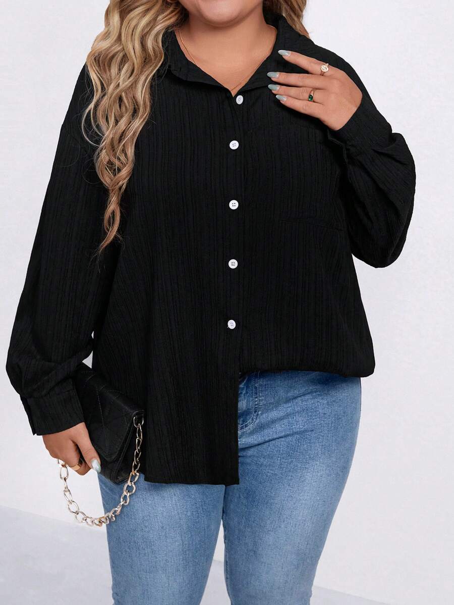 SHEIN LUNE 大码女式宽松长袖纯色休闲衬衫秋冬季女士衬衫 - 黑色 - 查看 1