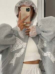 DAZY 女士蝴蝶结蕾丝印花宽松毛绒连帽卫衣，秋冬季保暖拉链外套 - 灰色 - 查看 8