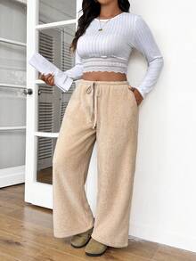 SHEIN Frenchy Quần dài màu trơn hai mặt ấm áp tối giản giản dị cỡ lớn, thích hợp cho giải trí và ở nhà, thoải mái - Màu be - Xem 6