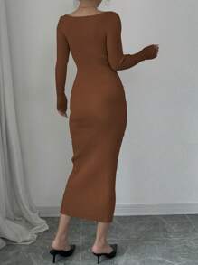 Elenzga 优雅纯色心形领修身长款毛衣连衣裙，秋冬，秋季 - 咖啡棕 - 查看 2