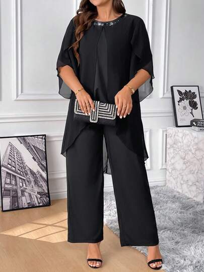 2 pezzi/Set Vestito elegante da donna taglie forti, in chiffon, con scollo a ciuffo, maniche con paillettes