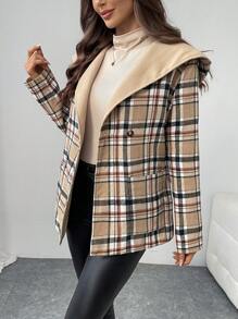 SHEIN Privé Áo khoác nữ tay dài kẻ caro buộc trước có mũ trùm đầu đơn giản thường ngày - Màu Khaki - Xem 4