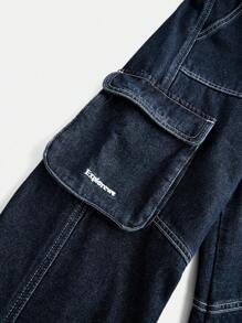 SHEIN Tween Girls Pocket Decor Wide Leg Loose Casual Versatile Jeans - Dark Wash - View 8