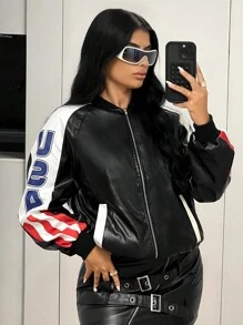 SHEIN ICON Áo khoác da PU màu đen in họa tiết vá lỗi Y2K dài tay phong cách đường phố cho nữ - màu đen - Xem 1