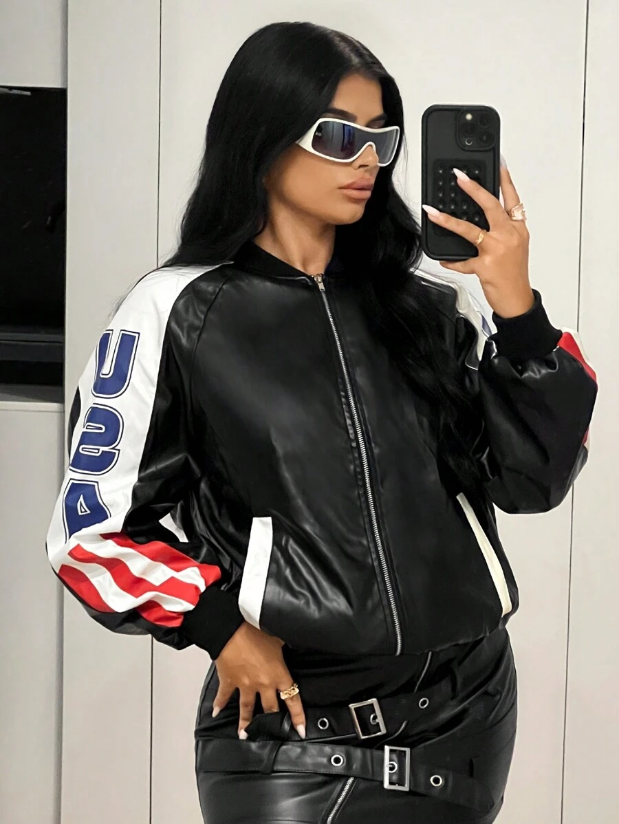 SHEIN ICON Áo khoác da PU màu đen in họa tiết vá lỗi Y2K dài tay phong cách đường phố cho nữ - màu đen - Xem 1