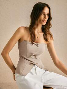 Poéselle Canotta casual da donna con spacco e decorazione a fiocco in colore unito - Cachi - Visualizzare 4