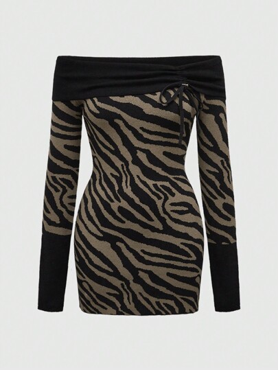 Grunge Punk Maglione aderente a spalle scoperte con stampa zebrata, stile americano retrò, adatto per il Ringraziamento