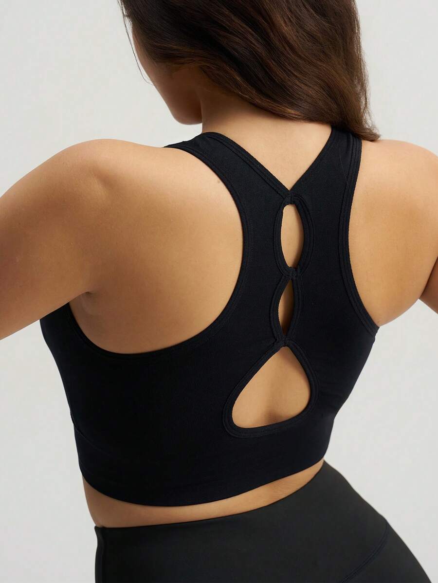 Menodora SHEIN Sport 中度支撐後鏤空運動型文胸 - 黑色 - 查看 1